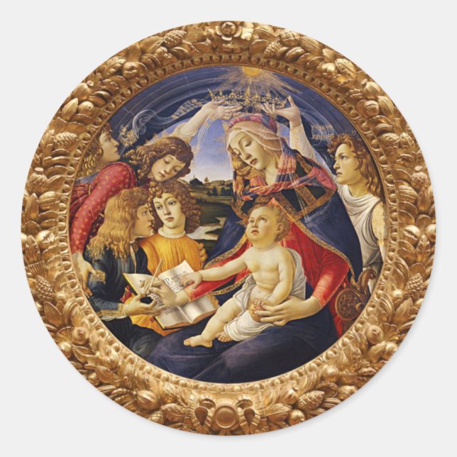 Pegatina Redonda Virgen del Magnificat de Sandro Botticelli (Anverso)