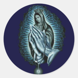 Pegatina Redonda Virgen María bendecido rezo púrpura
