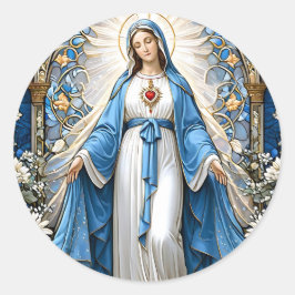 Pegatina Redonda Virgen María con cristales sagrados