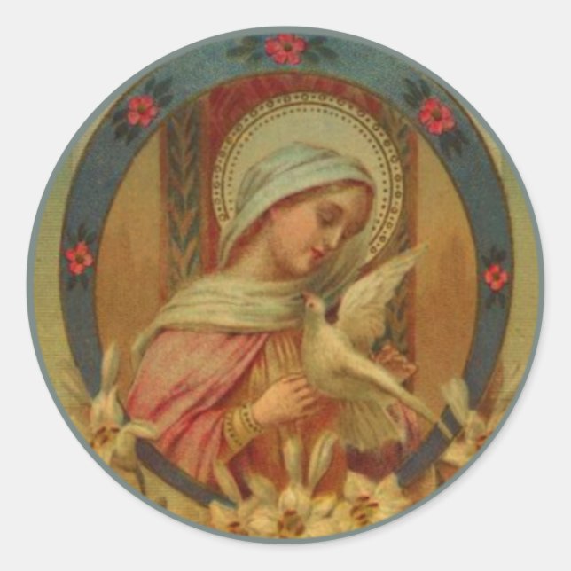 Pegatina Redonda Virgen María con palomas, lirios y rosas (Anverso)