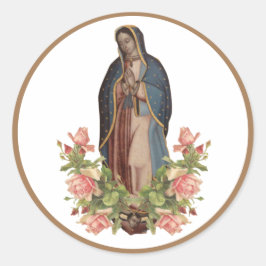 Pegatina Redonda Virgen María de Guadalupe Rosas Religiosos