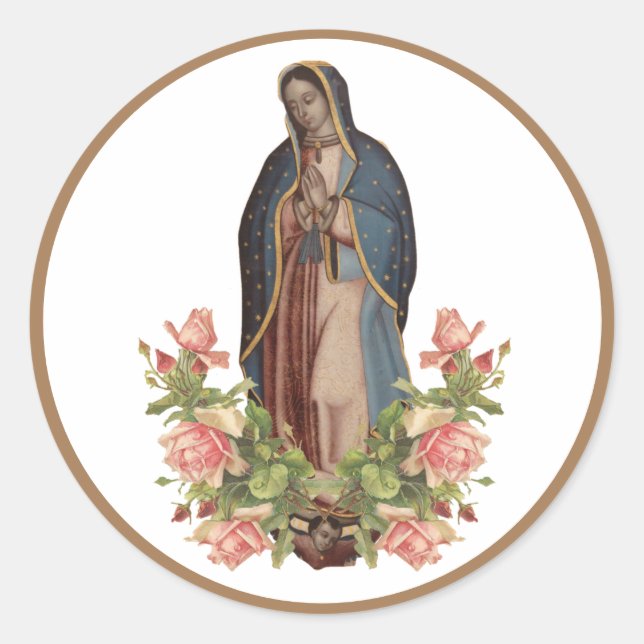 Pegatina Redonda Virgen María de Guadalupe Rosas Religiosos (Anverso)