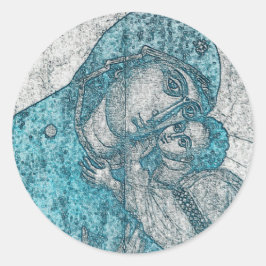 Pegatina Redonda Virgen María e Infante Jesucristo Vintage Azul