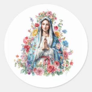 Pegatina Redonda Virgen María Floral Acuarela Religiosa Católica