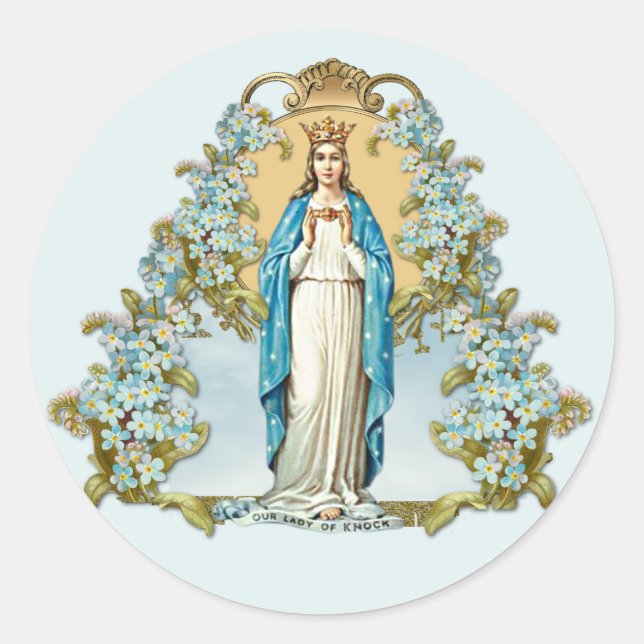 Pegatina Redonda Virgen María Floral Dama Religiosa De Knock (Anverso)