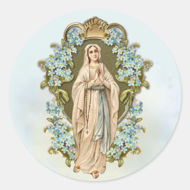 Pegatina Redonda Virgen María Floral Dama Religiosa de Lourdes (Anverso)