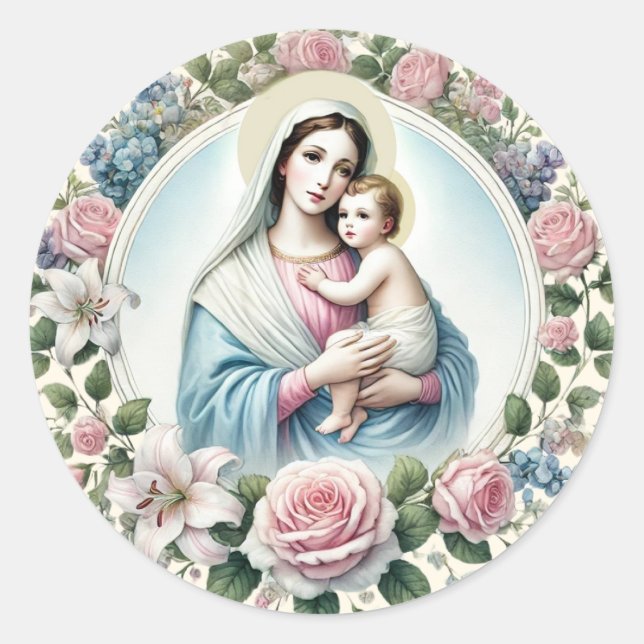 Pegatina Redonda Virgen María Jesús Rosa Católica (Anverso)