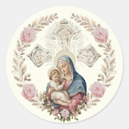 Pegatina Redonda Virgen María Jesús Vintage Rosa Rosa Católica