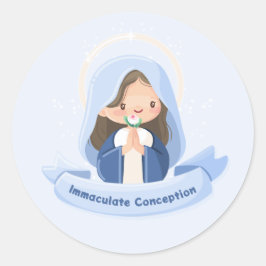 Pegatina Redonda Virgen María Kawaii Pacífica Rezando – Azul Claro