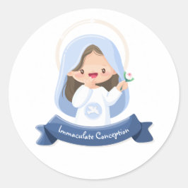 Pegatina Redonda Virgen María Kawaii Sonriente con Flor – Blanco