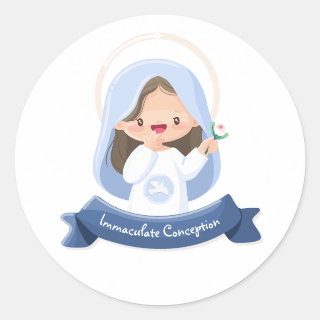 Pegatina Redonda Virgen María Kawaii Sonriente con Flor – Blanco (Anverso)