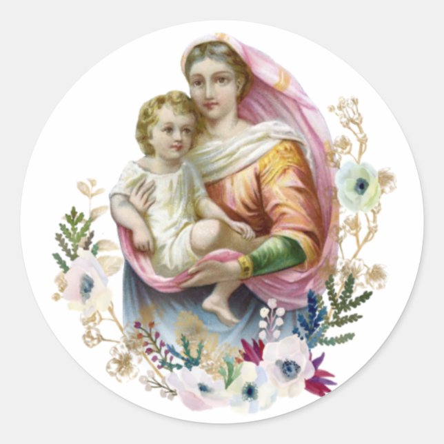 Pegatina Redonda Virgen María Religiosa Jesús Vintage Católico (Anverso)