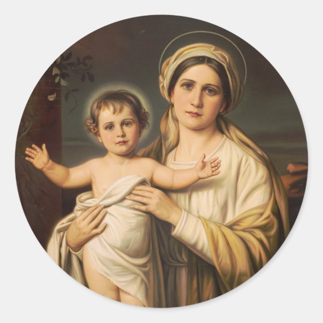 Pegatina Redonda Virgen María sujetando al bebé Jesús (Anverso)