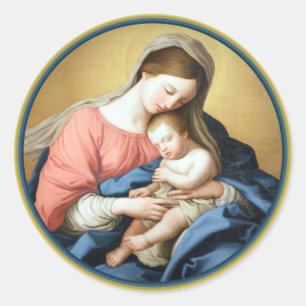 Pegatina Redonda Virgen María y el Niño Jesucristo