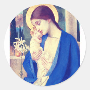 Pegatina Redonda Virgen María y Niño por Marianne Stokes