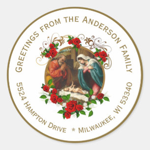 Pegatina Redonda Virgen religiosa María Jesús Navidad Natividad