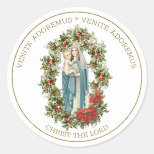 Pegatina Redonda Virgen religiosa María Jesús Navidades Poinsettias
