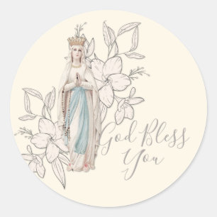 Pegatina Redonda Virgen Religiosa María Lourdes Dios te bendiga