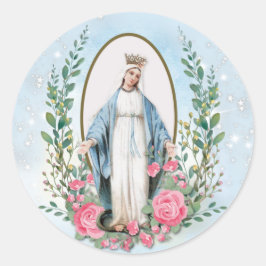 Pegatina Redonda Virgen Vintage religiosa María Floral Católica