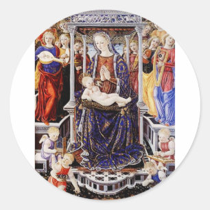 Pegatina Redonda Virgen y Niño entronizados con ángel músico