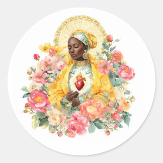 Pegatina Redonda Virgin Mary Floral Religious Our Lady of Grace Art