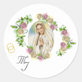 Pegatina Redonda Virgin Mary Monogramed Boda