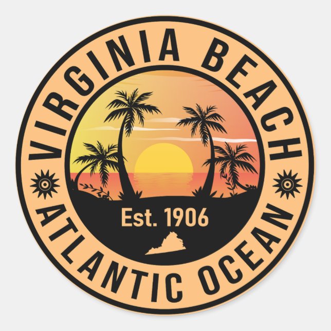 Pegatina Redonda Virginia Beach Virginia Retro Sunset Souvenirs 60 (Anverso)