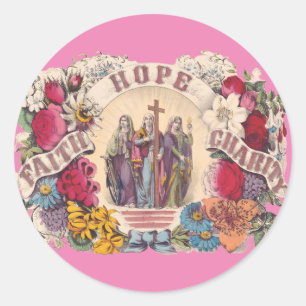 Pegatina Redonda Virtudes teologales Fe, Esperanza y Caridad