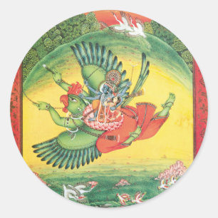 Pegatina Redonda Vishnu y Lakshmi montando Garuda, el gran
