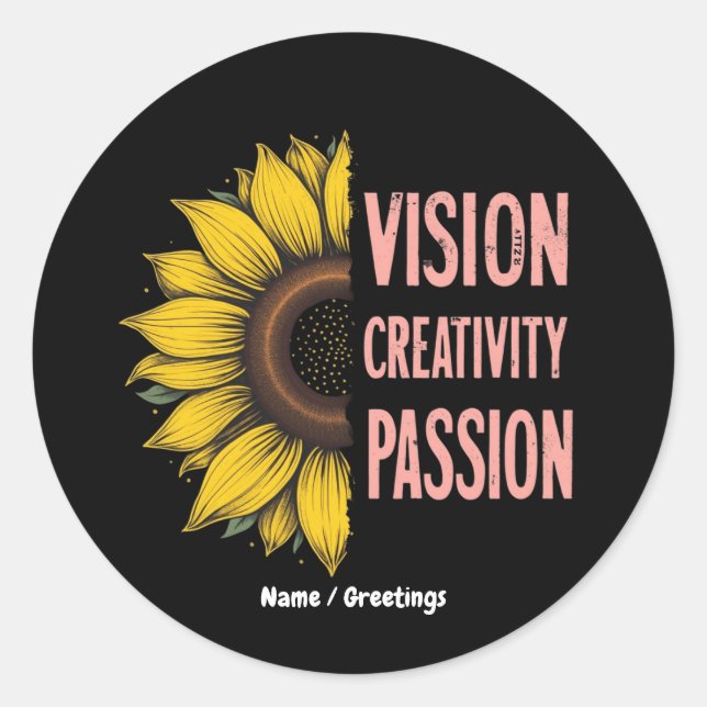 Pegatina Redonda Visión divertida, creatividad y pasión celebran a  (Anverso)