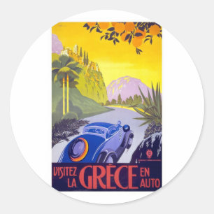 Pegatina Redonda Visita Grecia en coche - viaje del vintage