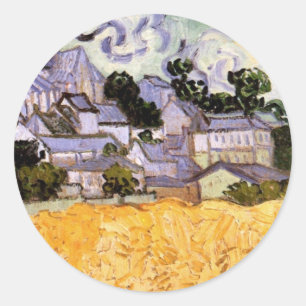 Pegatina Redonda Vista de Auvers con Iglesia de Vincent van Gogh