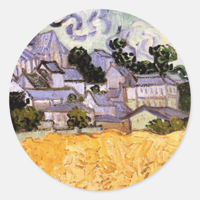Pegatina Redonda Vista de Auvers con iglesia por Vincent van Gogh (Anverso)