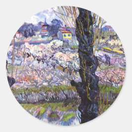 Pegatina Redonda Vista de los Arles, huertos floridos (1889) Van Go