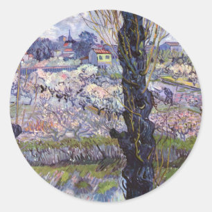 Pegatina Redonda Vista de Van Gogh de Arles Huertos en Flor Impresi