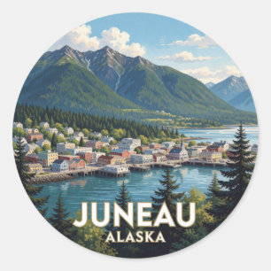 Pegatina Redonda Vistas de la costa de Juneau Alaska