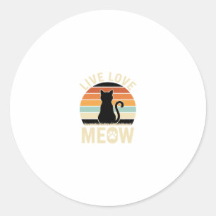 Pegatina Redonda Viva Ama Meow Diseño Antiguo de Gato Atardecer_1