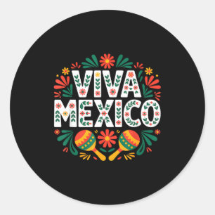 Pegatina Redonda Viva México arte folklórico colorido independencia