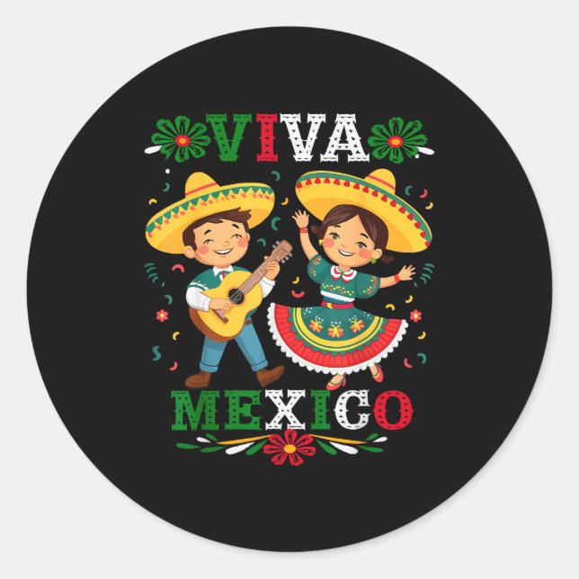Pegatina Redonda Viva Mexico Cute Cartoon Mexican Boy &amp; Girl In (Anverso)