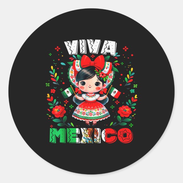 Pegatina Redonda Viva Mexico Mexican Girl Flag Independence Day Gir (Anverso)