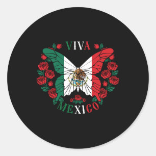 Pegatina Redonda Viva México Rosa mariposa