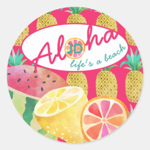 Pegatina Redonda ¡Viva una playa! Fruta tropical divertida monogram