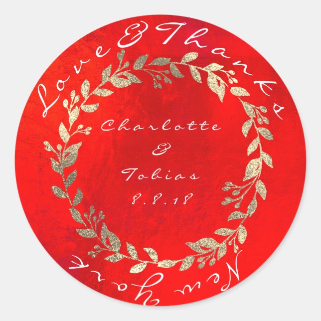 Pegatina Redonda Vivid Red Gold Champaign Boda gracias a Metallic (Anverso)