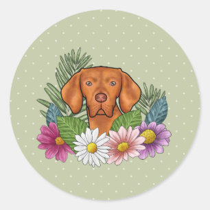 Pegatina Redonda Vizsla Húngaro Y Flores De Verano Coloridas Verdes