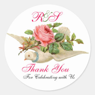 Pegatina Redonda VOLANDO DOVE CON ROSA ROSA ROSA ROSA GRACIAS Monog