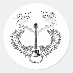 Pegatina Redonda Volar alto con alas de guitarra
