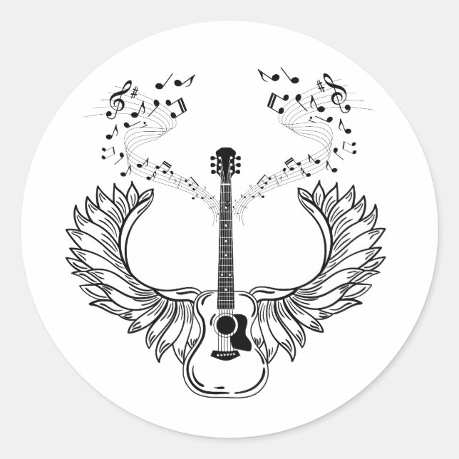 Pegatina Redonda Volar alto con alas de guitarra (Anverso)