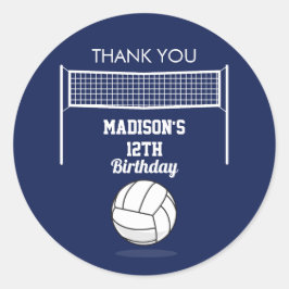 Pegatina Redonda Voleibol Ball & Net Navy nombre de cumpleaños azul