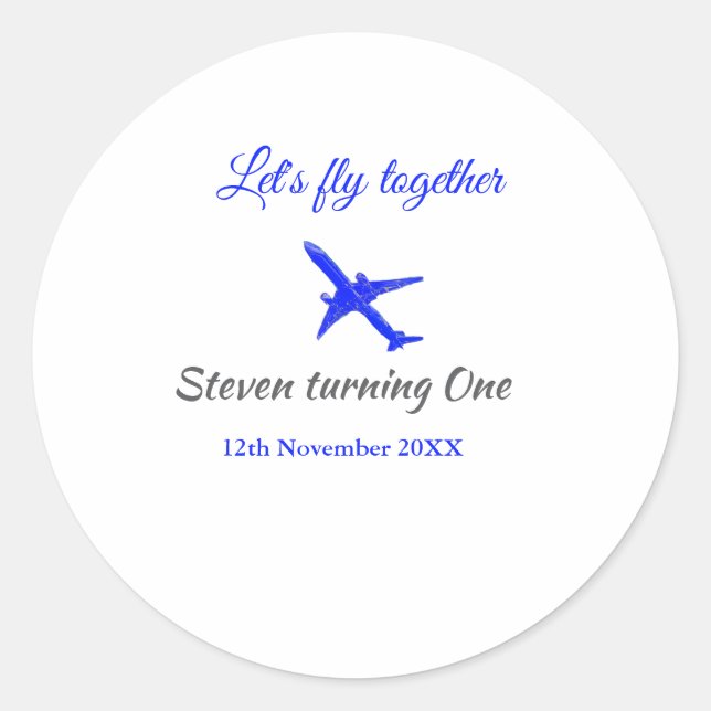 Pegatina Redonda Volemos juntos el primer avión de cumpleaños azul  (Anverso)