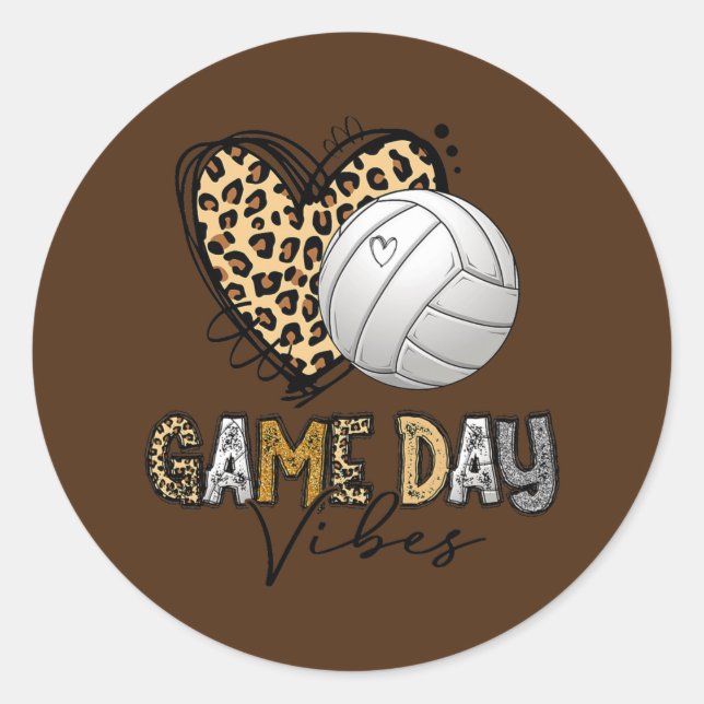 Pegatina Redonda Volleyball Game Day Vibes Leopard Volleyball Mom (Anverso)